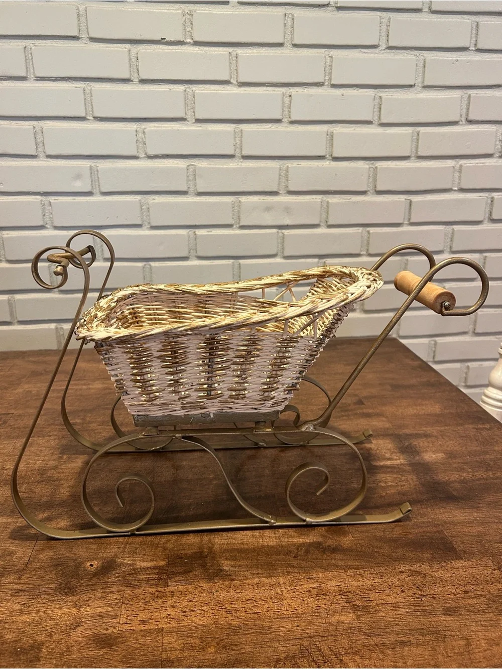 Festive White Wicker Sleigh Holiday Centerpiece